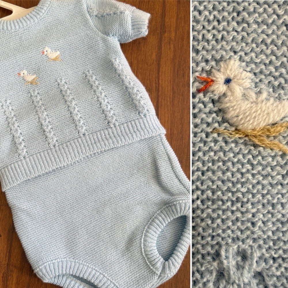 Vtg Renzo Knitted Baby Sweater Two Piece Blue Ducks ~ 3-6 months Italy Short Slv